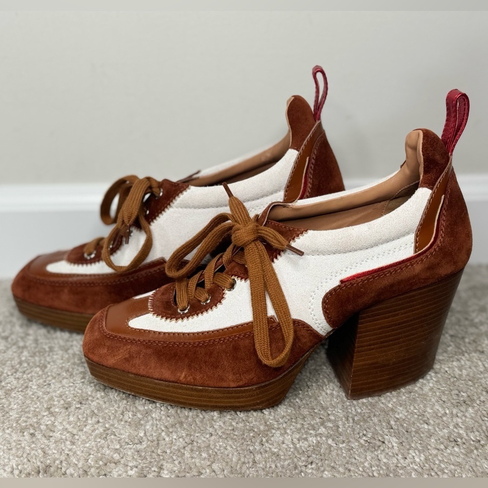 ZIMMERMANN Brown & White Suede Platform Heel Tie Laces Booties Women’s Size 7.5